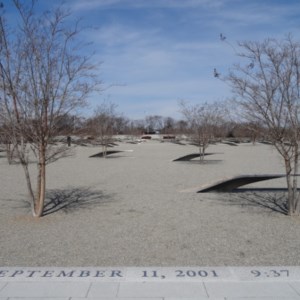 The actual Pengtagon 9/11 Memorial, where each bench-like structure is linked to one of the 184 lives that were lost.