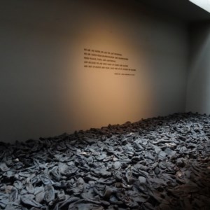 One of exhibits in the permanent gallery. These are shoes that are remains from one of the killing fields.